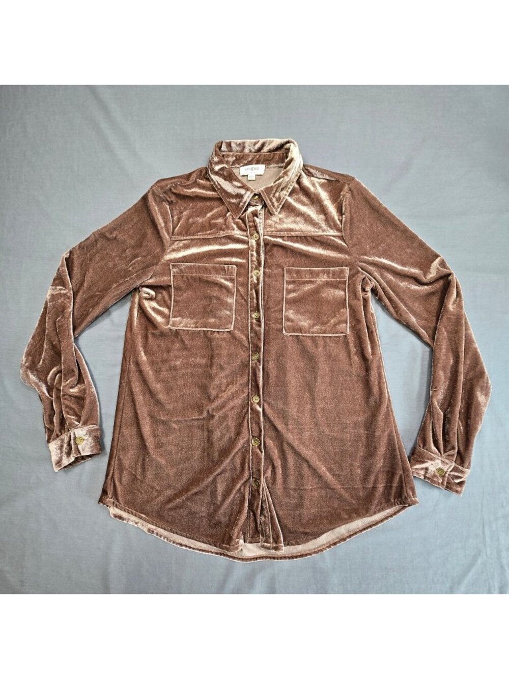 Umgee Small Womens Button Down Velvet Velour Shirt Brown Taupe Long Sleeve